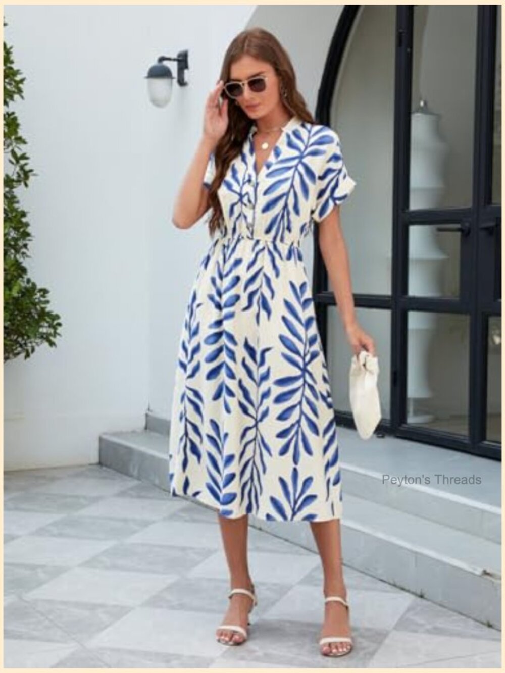 Women's V-Neck Short Sleeve Maxi Dress Flowy Hem Leaf Print - Picture 2 of 6